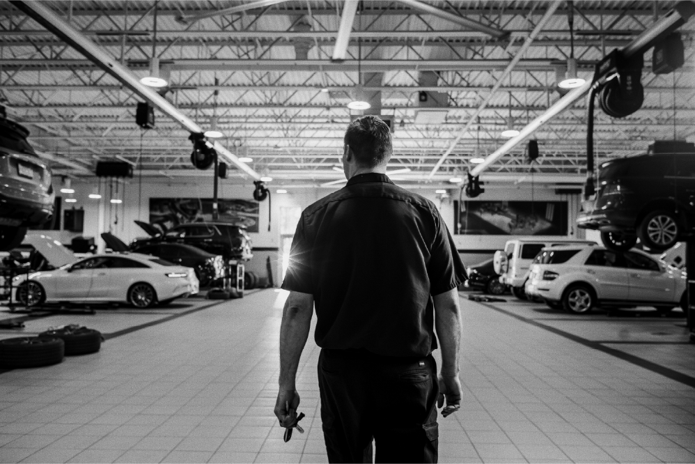 Mercedes Benz man walking.